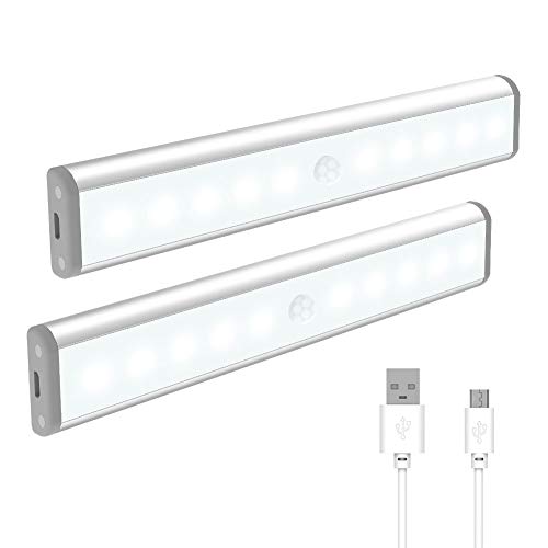 RAVEtone Under Cabinet Lights, Motion Sensor Closet Light USB Rechargeable 10 LED Night Lights Stick-on Anywhere Portable Light Bar for Closet Cabinet Counter Wardrobe Stairs Kicthen 2 Pack