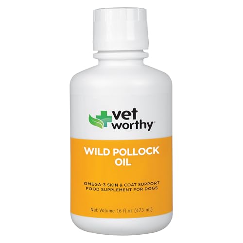 Vet Worthy Wild Pollock Oil for Dogs - All Natural Dog Supplement to Promote Skin and Coat, Heart, and Immune System Support - Liquid Fish Oil for Dogs - Easy to Use Mess-Free Bottle - 16 fl oz