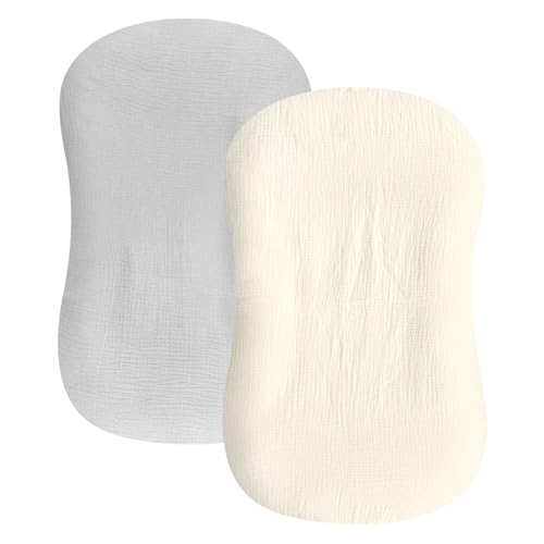 Image of Hooyax Baby Lounger Cover 2 Pack - 100% Muslin Cotton Newborn Lounger Pillow Covers Only, Soft Breathable Infant Lounger Cover with Reinforced Stitching, Fits Most Standard Baby Loungers (Grey Cream)