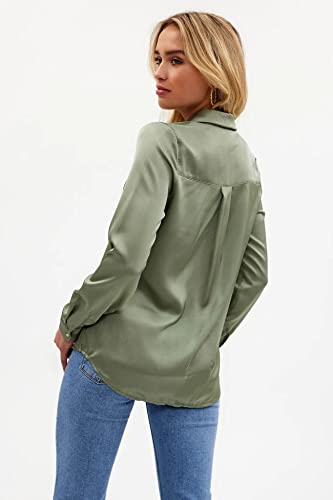 Pausus Satin Button Down Shirts for Women Long Sleeve Slim Fit Office Blouses Casual Business Silk Tops with Pocket S-XXL4