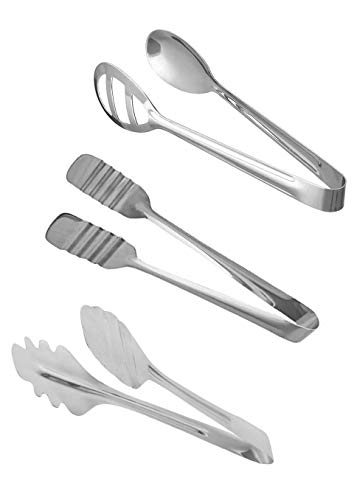 Image of Maha Creation Stainless Steel Salad Tongs BBQ Kitchen Cooking Food Serving for Chapati, Papad,Chicken Utensil Accessories Tools (3 PCS, Sliver) Mixed Design