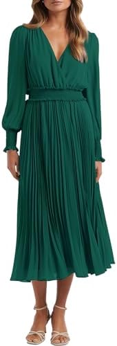 PRETTYGARDEN Women's Midi Long Puff Sleeve Spring Dresses 2024 Smocked Waist Wrap V Neck Flowy Ruffle Pleated Casual Dresses (Dark Green,Medium)
