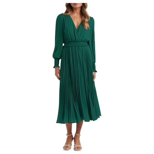 PRETTYGARDEN Womens Wrap V Neck Dresses for Wedding Guest Casual Pleated Long Sleeve Midi Dress Ruffle Smocked Long Dress (Dark Green,Large)