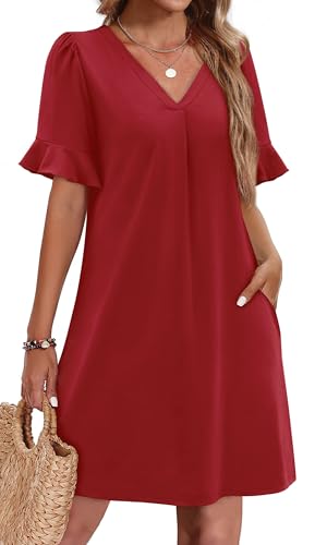 Image of OFEEFAN Summer Dresses for Women Ruffle Short Sleeve V Neck Casual Shift Dress with Pockets