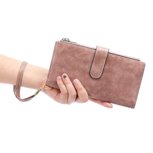 Image of GOIACII Large Wallet for Women Leather Wristlet Dusty Pink | RFID Blocking, Multi-card Slots, Detachable Wrist Strap, Trifold Clutch Purse