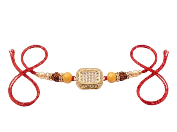 Rakhshabandhan Thread Rakhi for Brother Bhaiya | Rudraksh Crystals & Pearl Studded | Rakhi Hamper Roli Chawal (Pack of1)-image-15