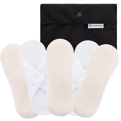 Bamboolik|Waschbare Slipeinlage | Bio-Baumwoll-Frottee | Druckknopf |5er-Set - Natur + mini Wetbag Schwarz|wiederverwendbar|MADE IN EU|Stoffslipeinlagen Ausfluss|Stoffbinden Cover