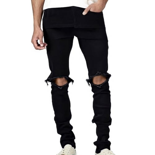 Jean déchiré pour homme slim en denim vieilli stretch style streetwear décontracté