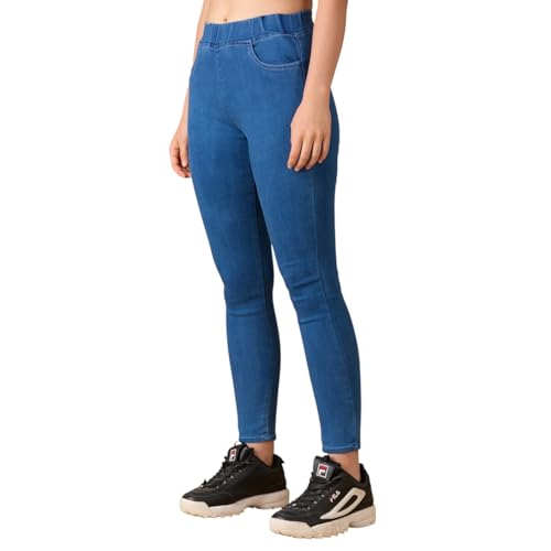 Image of 4FLIES Women's High Waist Jeggings | Super Combed Slim Fit Ankle-Length Pants with Elastic Waistband | Comfortable Denim Look Leggings for Casual, Travel & Office Wear