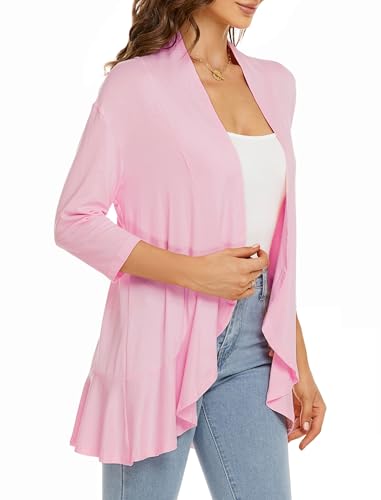 Image of YnimioAOX Women's Cardigan Lightweight Open Front 3 /4 Sleeves Draped Ruffles Knit Cardigan Sweaters