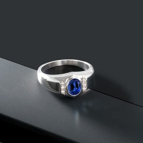 Gem Stone King Men's 925 Sterling Silver Blue Created Sapphire and White Created Sapphire Ring (1.66 Cttw, Available in size 7, 8, 9, 10, 11, 12, 13)