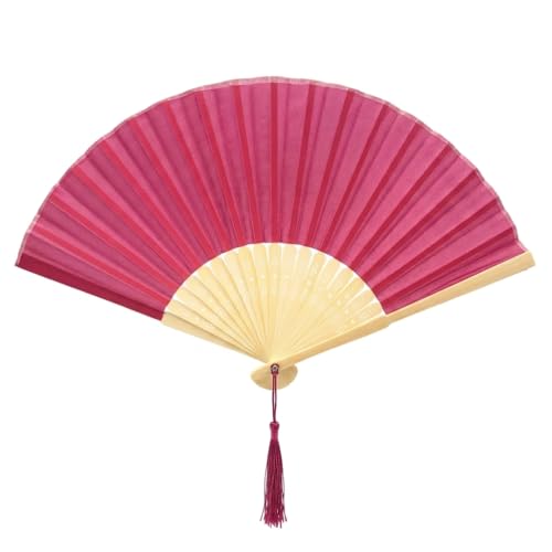 Image of Fabric Handheld Folding Hand Fan With a Tassel Grade A Bamboo Ribs for Women Girls Summer Party Event Favor Birthday Wedding Souvenir Gift (Deep Pink)