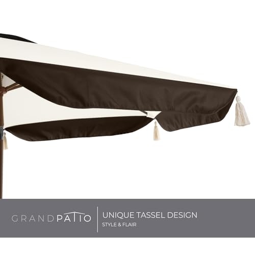 Grand patio 9FT Patio Umbrella with Fringe, Outdoor Tassel Umbrella with Push-Button Tilt for Poolside, Deck, Garden, Beige and Coffee