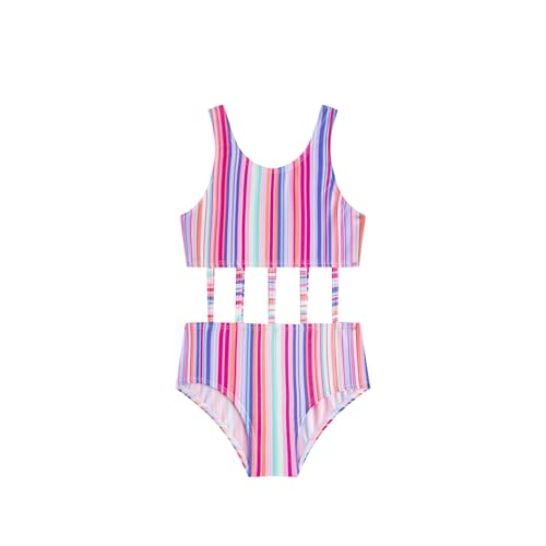 LIZENS Grils' One Piece Swimsuit Cute Rainbow Striped Swimwear Cut Out Waist Scoop Neck Bathing Suit