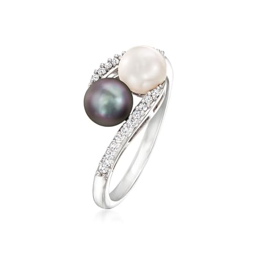 Black and White Pearl Ring for Women 18 White Gold Plated .13 ct. t.w. Simulated Diamond Bypass Ring, AAA Quality Handpicked Two Natural 6mm Pearl, Size 5-92