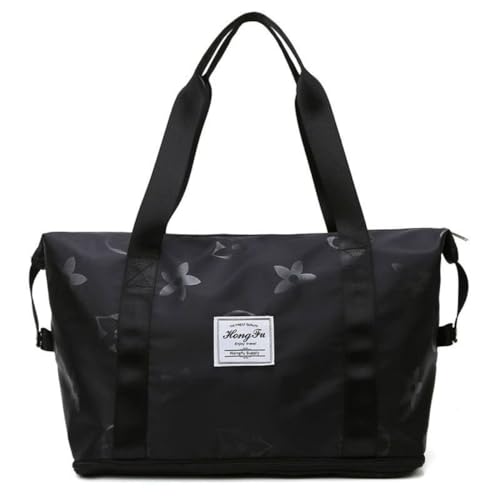 Expandable Women's Travel Luggage Bag ，sports handbag, fitness bag, one shoulder weekend overnight bag，Bottom zipper expandable (Black)