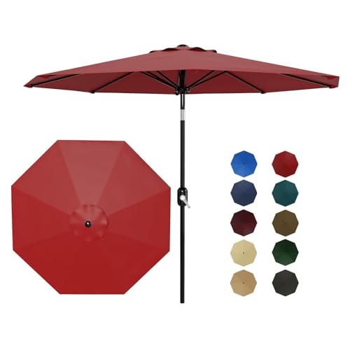 9 ft Patio Umbrella - 8 Sturdy Ribs Outdoor Table Umbrella with Crank Lift & Push Button Tilt - Market Umbrella for Pool, Deck, Yard, Garden - Red, Re