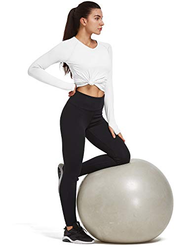 BALEAF Women's Long Sleeve Running Shirts Thumbholes Quick Dry V-Neck Workout T-Shirts Exercise Hiking White M