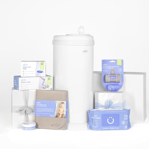 Image of Ubbi Diaper Changing Value Gift Set, Includes White Diaper Pail, Absorbing Gels, Travel Changing Mat, Pail Waste Bags, On-the-Go Waste Sacks & Bag Dispenser, & Baby Wipes, Baby Registry Gift