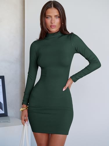 Image of ANRABESS Women Long Sleeve Mock Neck Bodycon Mini Dress 2026 Fall Ribbed Slim Fit Pencil Cocktail Club Night Dresses