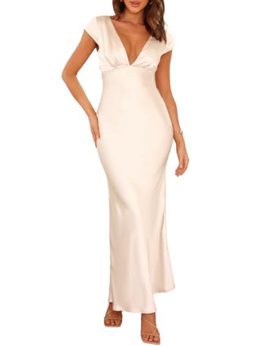 Image of Halfisland Womens Summer Satin V Neck Cap Sleeve Midi Dress Wedding Guest