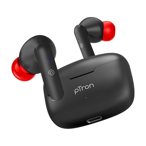 Image of pTron Basspods P81 in-Ear Wireless Earbuds, Pristine Sound, 32Hrs Playtime, Clear Calls TWS Earbuds, Bluetooth V5.1 Headphone, Type-C Fast Charging, Voice Assist & IPX4 Water Resistant (Black & Red)