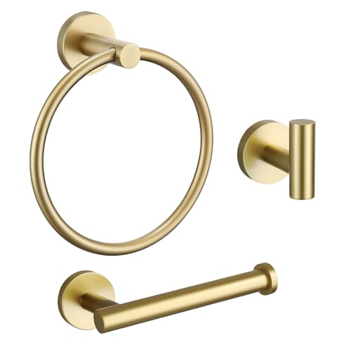 TURS Bathroom Hardware Accessories Set Towel Hook Toilet Roll Holder Towel Ring Wall Mounted Toilet Paper Holder 3 Pieces Classic Stainless Steel Bath Accessory Hooks Brushed Gold