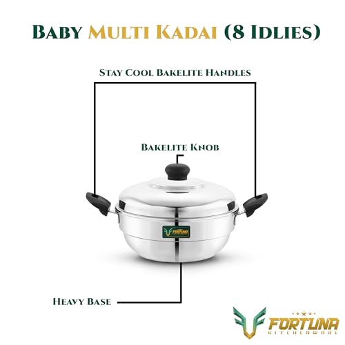 Image of Fortuna Idli Steamer Stainless Steel | 2 Plate, 8 Idlis | Idli Pot /Idli maker stainless steel, Gas & Induction compatible | Small idli maker | Multi Kadai (8 Idly)
