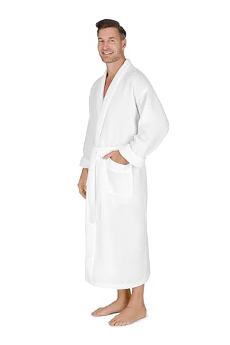 Men's Waffle Robe by Boca Terry, White Waffle Knit Robe, Full Length, Lightweight Shawl Bathrobe.2