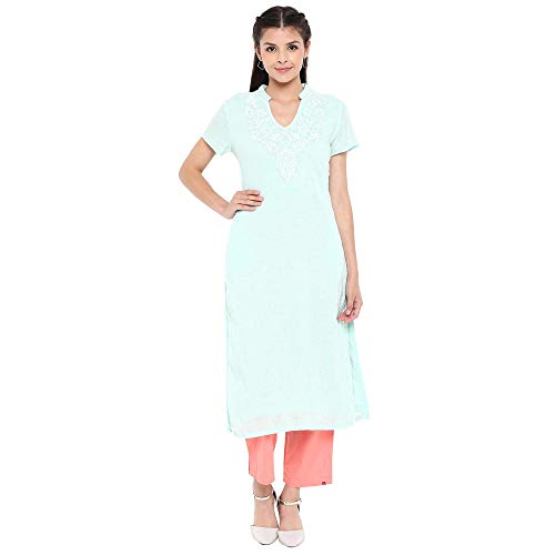 Image of BIBA Womens Mandarin Collar Embroidered Kurta