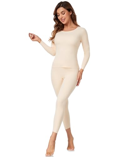 POP CLOSETS Fleece Lined Winter Clothes for Women Warm Pajamas for Women Base Layer Women Cold Weather Long Johns for Women, Nude, X-Large