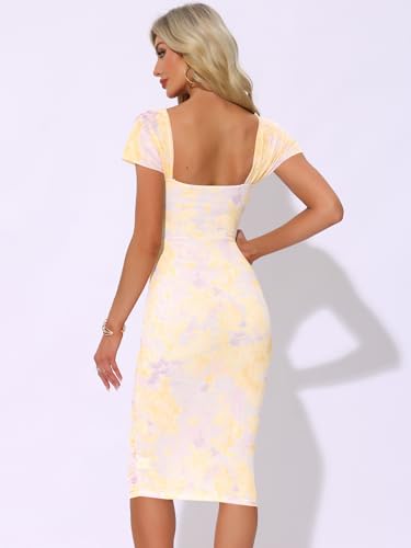 Image of Allegra K Midi Ruched Dress for Women's Cocktail Bodycon Square Neck Printed Dresses