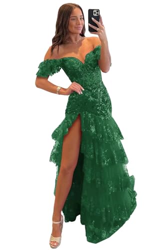 Off The Shoulder Lace Tulle Tiered Prom Dresses Long Sparkly Corset Formal Evening Party Gowns with Slit