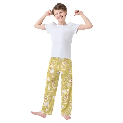 ZZXXB Lovely Giraffe Palm Leaves Boys Long Pants Soft Trousers Elastic Waist Kids Lounge Bottoms with Pockets S-XL2