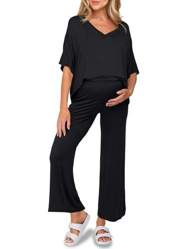 Tankaneo Womens Maternity Pajamas 2 Piece Lounge Set Soft Short Sleeve V Neck T-shirt Cropped Pants Pregnancy Loungewear, Black, Medium