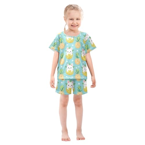 ALAZA Cute Cat Kitten Pineapple Pajamas Set Short Sleeve Cotton Sleepwear Summer Pjs 2 Piece 5-14Y3