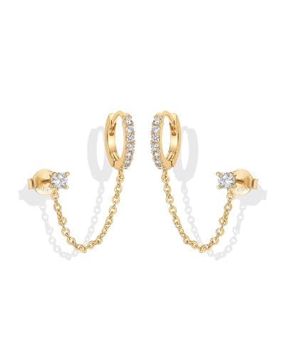 PAVOI 14K Yellow Gold Plated | Double Piercing Dangle Chain Huggie Hoop Earrings | Cubic Zirconia Pearl Stud (Single)