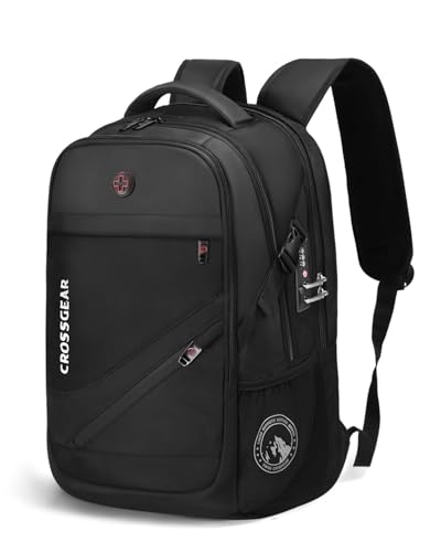 CROSSGEAR 30L Anti-Theft Lockable Laptop Backpack 17.3 Inch Waterproof Travel Laptop Bag with Dual USB Charging Port Ergonomic Rucksack for Work Travel School Business Men Women Ideal Gift Black