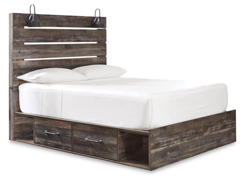 Image of Signature Design by Ashley Drystan Queen Panel Bed with 2 Storage Drawers, Sconce LED Lights, and USB Charging Ports, Engineered Wood Platform Design, No Box Spring Needed, Dark Brown and Gray