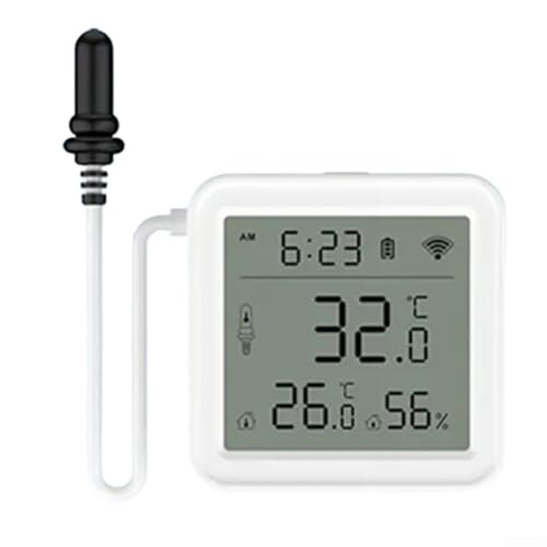 HEBEOT WiFi Temperature and Humidity Sensor with External Probe and LCD Display Compatible with for Tuya for Smart Life App for Alexa for Home for Assistant for Aquarium Fridge