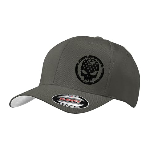 GNB CUSTOM EMBROIDERY LLC American Flag Distressed Skull Shield Logo Embroidered 6277 Flex Fitted Baseball Hat (S/M Dark Grey)