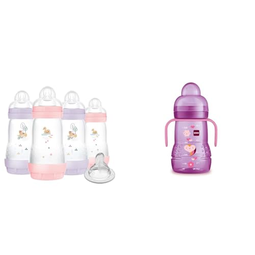 Image of 9 oz MAM Anti-Colic Bottle 4 Pack with Bonus Nipple & 8 oz MAM Trainer Cup with Extra-Soft Spout for Girls