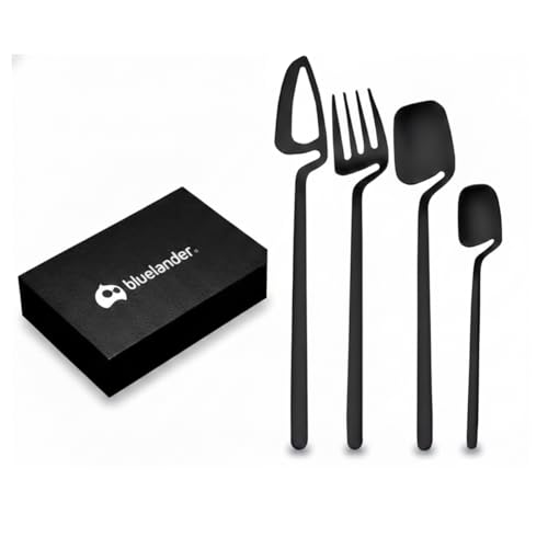 La mejor comparación de Cubiertos portatiles los más recomendados. 49 Bluelander Juego de Cubiertos, Acero Inoxidable, Diseño Futurista, Set 4 Piezas, Acabado Mate, Servicio para 1 Persona, Perfectos Todo Tipo de Evento (4 Piezas, Negro)