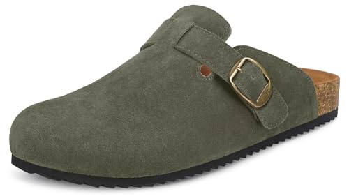 Zuecos Hombre Mules para Mujer Pantuflas de Piel con Corcho Cerradas Zapatillas de Jardín Sandalias con Hebilla Ajustables Cómoda Verde 39