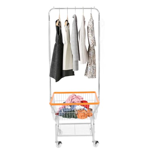 Large Capacity Clothes Cart, Heavy Duty Rolling Laundry Cart with Shelf and Hanging Rod, Silver Commercial Laundry Basket with Wheels, 19.69