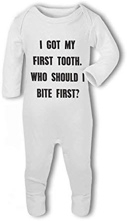 BWW Print - Got My First Tooth Who Should I Bite First .funny - Baby Romper Suit, Girl or Boy, New Born to 24mth