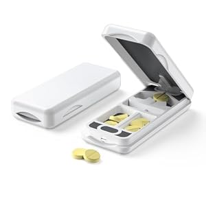 HQEUZ Tablettenverdeler van aluminium, voor kleine en grote pillen, tablettensnijder met 316 L roestvrij stalen lemmet, draagbare pillensnijder met opbergvak, eenvoudige hantering, pillcutter