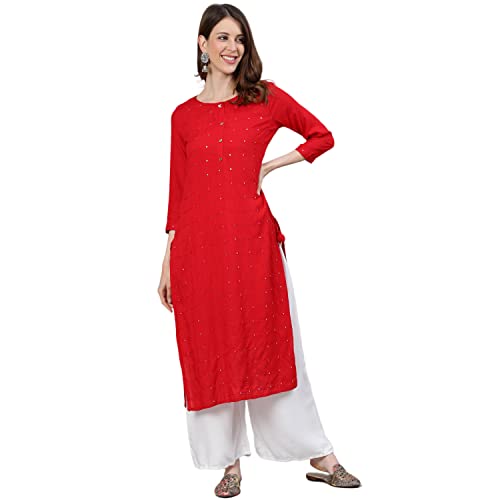 ishin Women's Viscose Rayon A-Line Embellished Kurta DhKpm-12055_S_Red