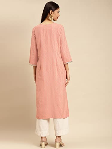 Image of rangita Peach Rayon Calf Length Embellished Straight Kurti for Women | Kurta for Women