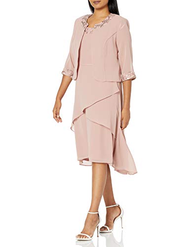 Le Bos Women's Embroidered Neckline Tiered Layer Jacket Dress, Mauve, 16